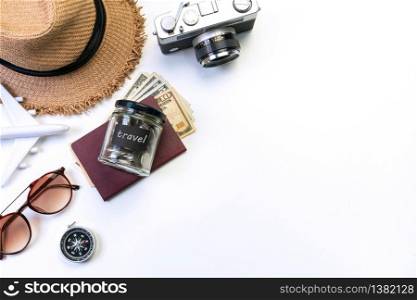 Top view of travel accessories on white color background, travel concept. Flat lay , copy space