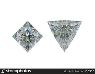 Top view of trillion and princess cut diamond or gemstones on white. 3d illustration, 3d rendering