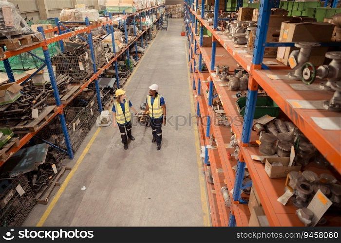 Top view of two warehouse workers pushing a pallet truck in a shipping and distribution warehouse.