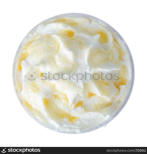 top view of whip cream and caramel in coffee cup, clipping path