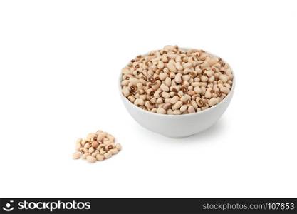 top view of white kidney bean in white cearamic bowl isolated on white background