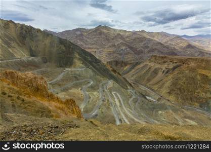 Top view of winding road to Lamayuru, Ladakh, India