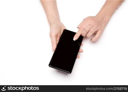 Top view of woman holding smartphone isolated on white background.. Top view of woman holding smartphone isolated on white background