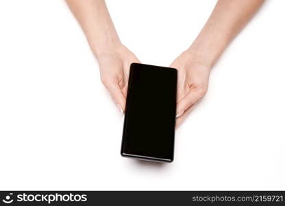 Top view of woman holding smartphone isolated on white background.. Top view of woman holding smartphone isolated on white background