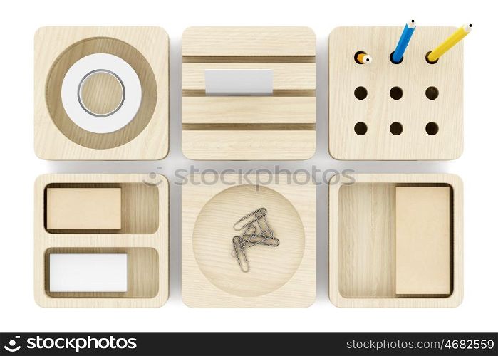 top view of wooden desk organizer with office supplies isolated on white background. 3d illustration