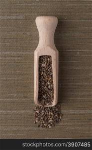 Top view of wooden scoop with chia seeds against green vinyl background.