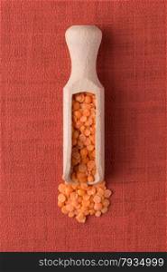 Top view of wooden scoop with peeled lentils against red vinyl background.