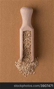 Top view of wooden scoop with sesame seeds against brown vinyl background.