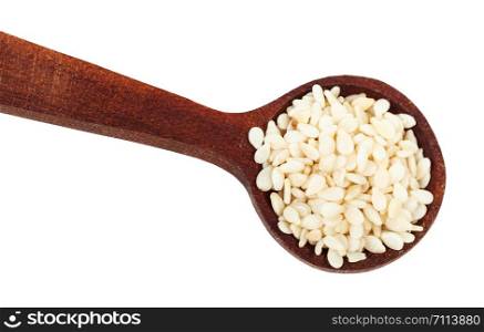 top view of wooden spoon with portion of white sesame seeds close-up isolated on white background