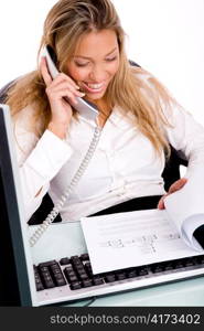 top view of working businesswoman with white background