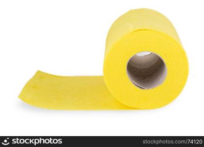 Top view of yellow felt fabric roll isolated on white background