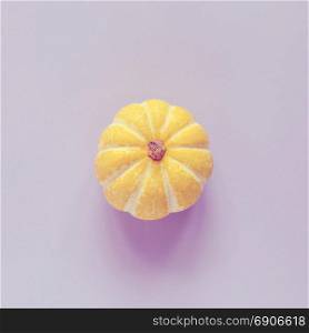 Top view of yellow pumpkin on purple background, autumn and thanksgiving concept, minimal style