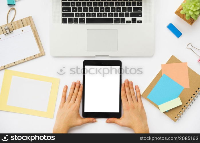 top view office desk with tablet mockup