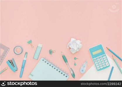 top view office stationery with notebook calculator