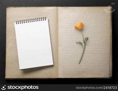 top view old braille book with flower