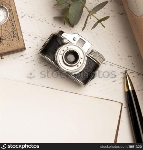 top view old photo camera traveling. Resolution and high quality beautiful photo. top view old photo camera traveling. High quality and resolution beautiful photo concept