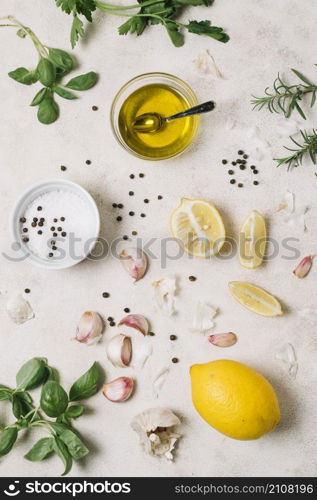 top view olive oil with cooking ingredients