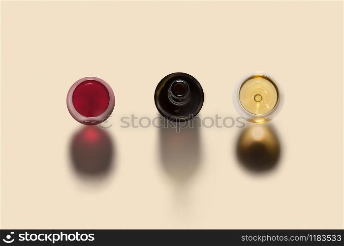 Top view on alcohol drink set with two glasses of red and white wine and opened bottle with dark shadows on a light beige background, copy space.. Drink set from bottle and two wine glasses with shadows.