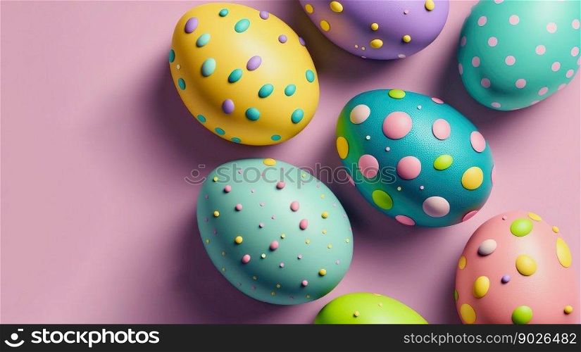 Top view on Easter eggs on uniform background. Traditional decorated eggs. Ge≠rative AI.. Top view on Easter eggs on uniform background. Traditional decorated eggs. Ge≠rative AI