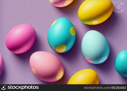 Top view on Easter eggs on uniform background. Traditional decorated eggs. Generative AI.. Top view on Easter eggs on uniform background. Traditional decorated eggs. Generative AI