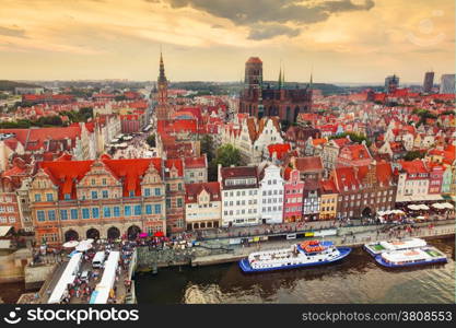 Top view on Gdansk old town and Motlawa river, Poland at sunset. Also known as Danzig and the city of amber.