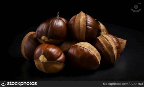 Top view on heap of chestnuts on dark backdrop. Pile of ripe chestnuts for food background. Generative AI.. Top view on heap of chestnuts on dark backdrop. Pile of ripe chestnuts for food background. Generative AI