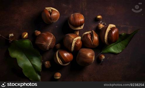 Top view on heap of chestnuts on dark backdrop. Pile of ripe chestnuts for food background. Generative AI.. Top view on heap of chestnuts on dark backdrop. Pile of ripe chestnuts for food background. Generative AI