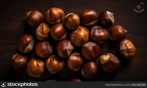 Top view on heap of chestnuts. Pile of ripe chestnuts for food background. Generative AI.. Top view on heap of chestnuts. Pile of ripe chestnuts for food background. Generative AI