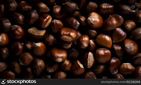 Top view on heap of chestnuts. Pile of ripe chestnuts for food background. Generative AI.. Top view on heap of chestnuts. Pile of ripe chestnuts for food background. Generative AI