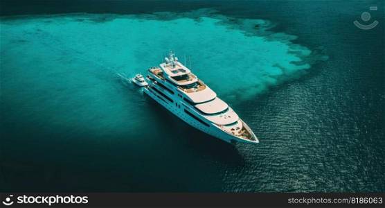 Top view on luxury yacht in paradise turquoise ocean water. Generative AI.. Top view on luxury yacht in paradise turquoise ocean water. Generative AI