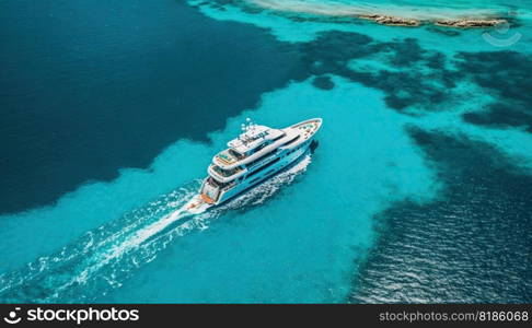 Top view on luxury yacht in paradise turquoise ocean water. Generative AI.. Top view on luxury yacht in paradise turquoise ocean water. Generative AI