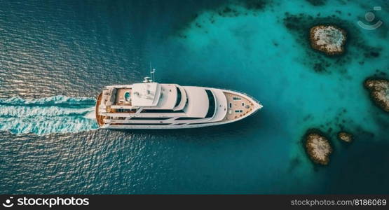 Top view on luxury yacht in paradise turquoise ocean water. Generative AI.. Top view on luxury yacht in paradise turquoise ocean water. Generative AI