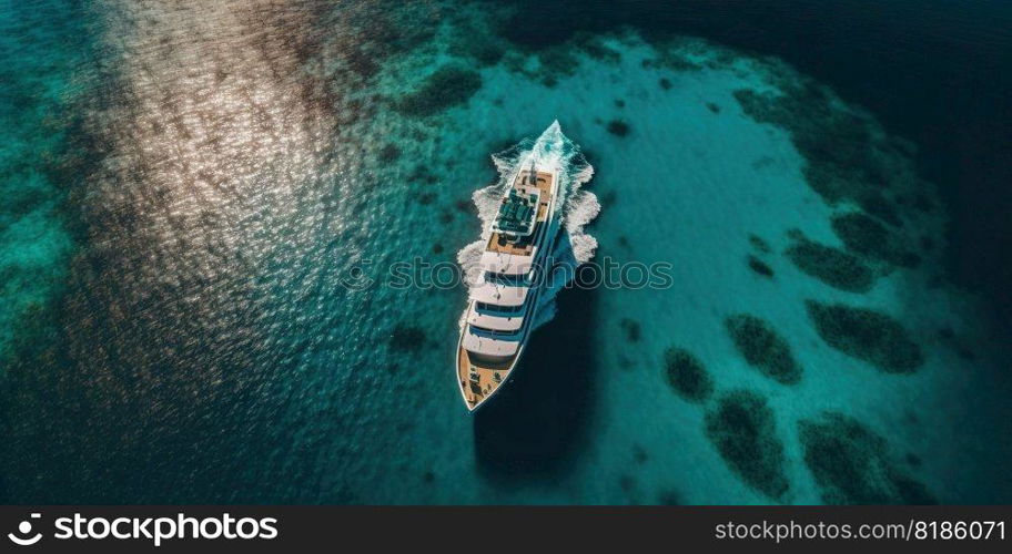 Top view on luxury yacht in paradise turquoise ocean water. Generative AI.. Top view on luxury yacht in paradise turquoise ocean water. Generative AI