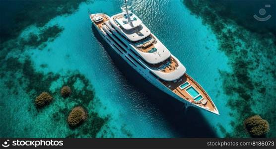 Top view on luxury yacht in paradise turquoise ocean water. Generative AI.. Top view on luxury yacht in paradise turquoise ocean water. Generative AI