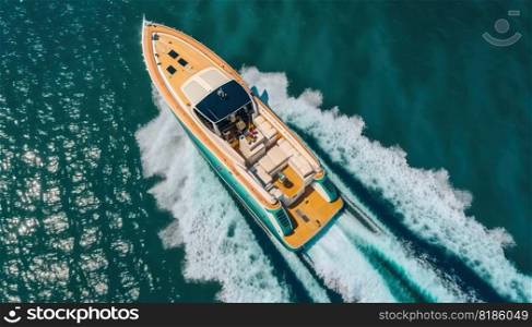 Top view on speed boat in paradise turquoise ocean water. Generative AI.. Top view on speed boat in paradise turquoise ocean water. Generative AI