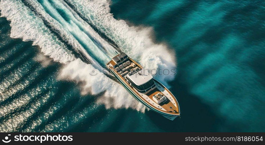 Top view on speed boat in paradise turquoise ocean water. Generative AI.. Top view on speed boat in paradise turquoise ocean water. Generative AI