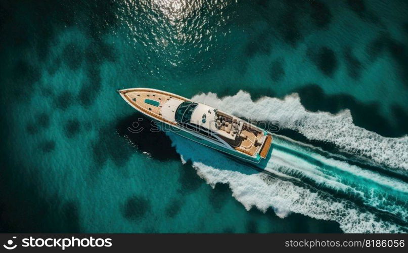 Top view on speed boat in paradise turquoise ocean water. Generative AI.. Top view on speed boat in paradise turquoise ocean water. Generative AI