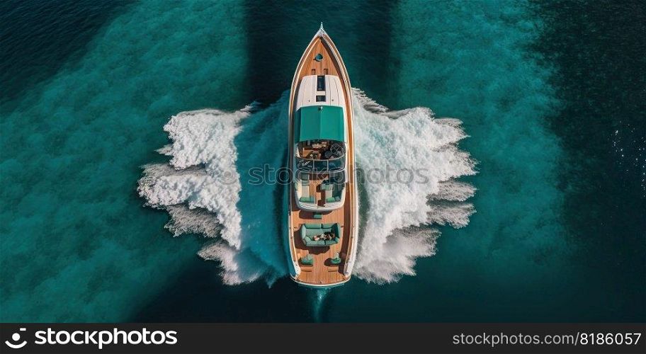 Top view on speed boat in paradise turquoise ocean water. Generative AI.. Top view on speed boat in paradise turquoise ocean water. Generative AI
