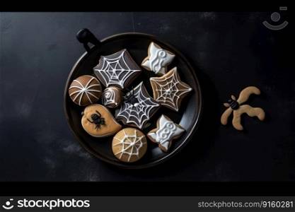 Top view on spooky halloween cookies on a dark background created with generative AI technology