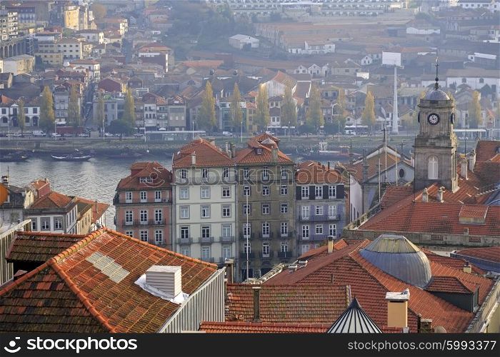 Top view on the Douro river, Bolsa palace and boats with porto wine, Portugal&#xA;