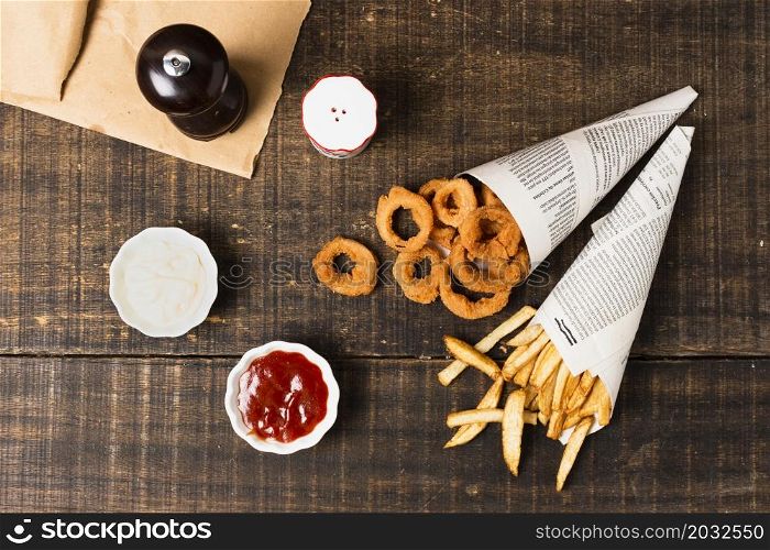 top view onion rings fries