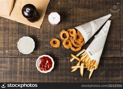 top view onion rings fries