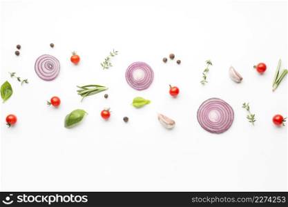 top view onion rings with condiments aligned. Resolution and high quality beautiful photo. top view onion rings with condiments aligned. High quality beautiful photo concept