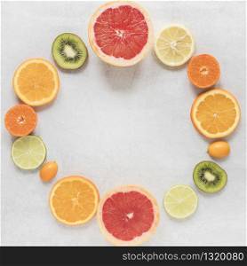 Top view organic and fresh slices of fruits
