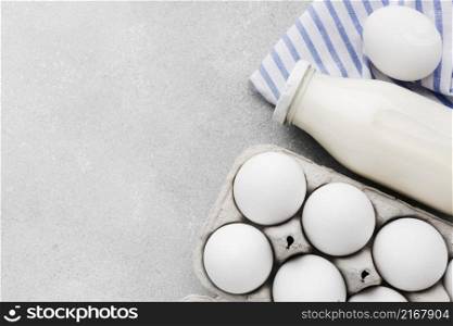 top view organic eggs with fresh milk