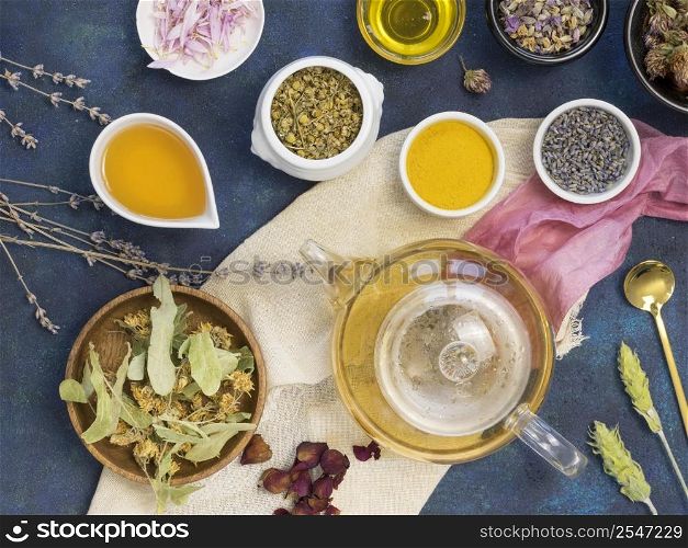 top view organic medicinal spices herbs