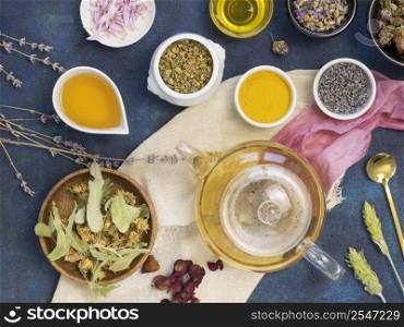 top view organic medicinal spices herbs