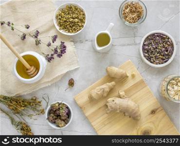 top view organic medicines with ginger