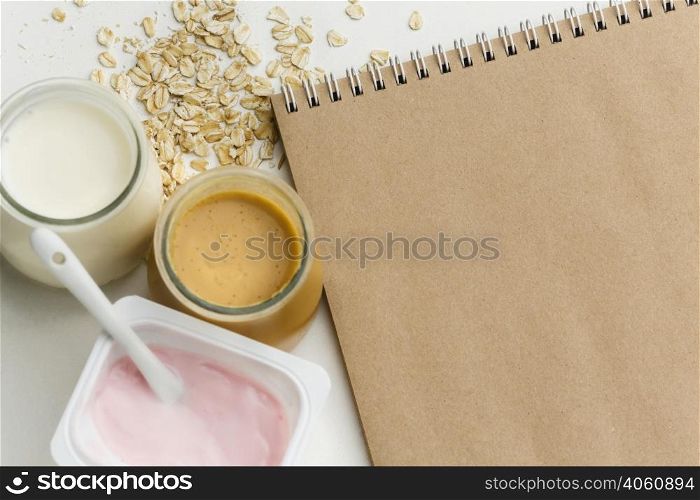 top view organic milk yogurt with oats