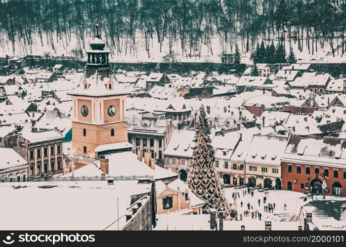 top view over Brasov in winter, Romania